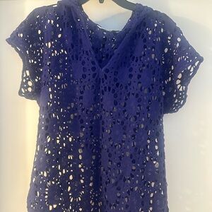 Blue Crochet Short Sleeve Swim Cover Up or Top